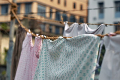 Close-up of clothes drying on clothesline