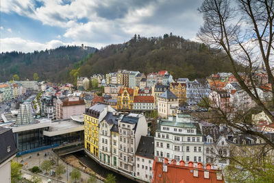 View of historical center of karlovy vary from hill, czech republic