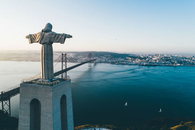 Aeria view monument sanctuary of christ the king. overlooking city of lisbon 