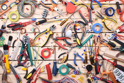 Full frame shot of work tools on table