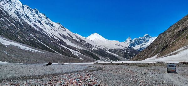 Scenic view of snowcapped mountains against clear blue sky