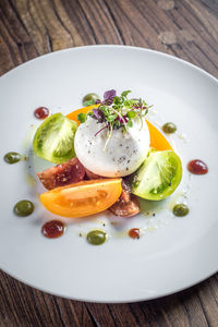 High angle view of breakfast served on table