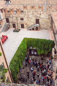 High angle view of people outside building