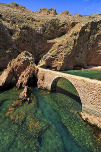 Scenic view of river by rock formation against sky