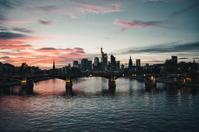 View of buildings at waterfront during sunset