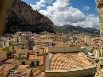 High angle view of townscape against sky