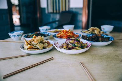 Close-up of food in plate on table