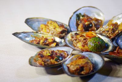 High angle view of food in plate on table