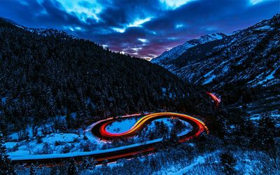 High angle view of snow on mountain road