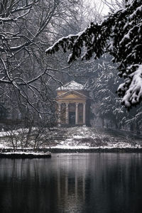 Bare tree by lake against building during winter
