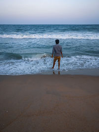 Rear view of man standing on beach against sky