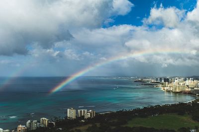 Scenic view of rainbow over sea against cloudy sky