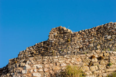 Low angle view of rocky mountain against clear blue sky