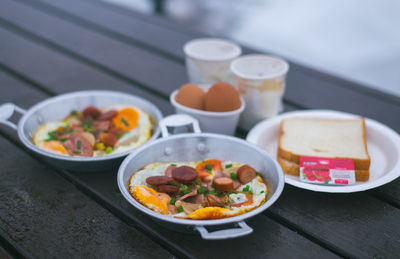 High angle view of breakfast served on table