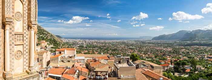 High angle shot of townscape against sky