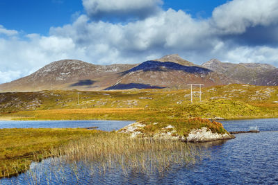 Scenic view of lake and mountains against sky