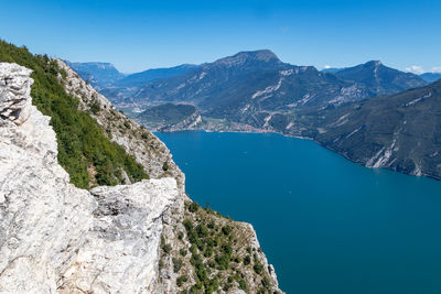 Scenic view of sea and mountains against sky