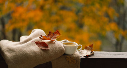 Sweet home. hot coffee and autumn decor. autumn home decor.