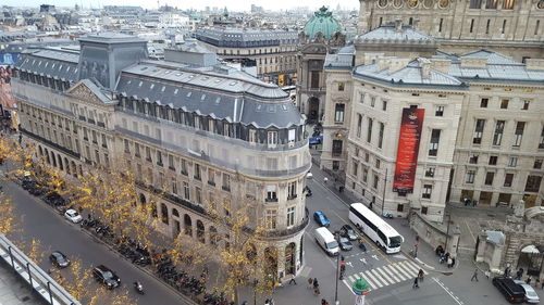 High angle view of street and buildings in city