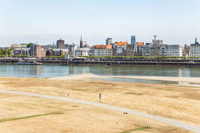 River rhine during drought in düsseldorf, germany