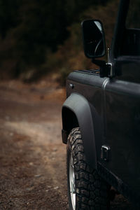 Close-up of land vehicle wheel on a off-road