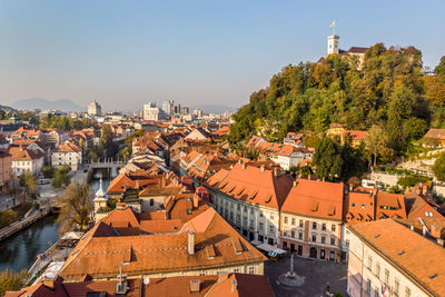 High angle shot of townscape against clear sky