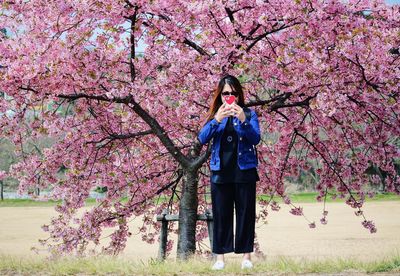 Woman with pink cherry blossoms in spring