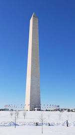 Low angle view of the washington monument under snow against clear blue sky