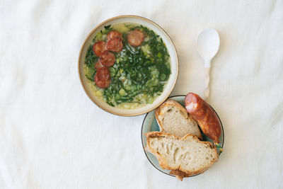 High angle view of breakfast served on table