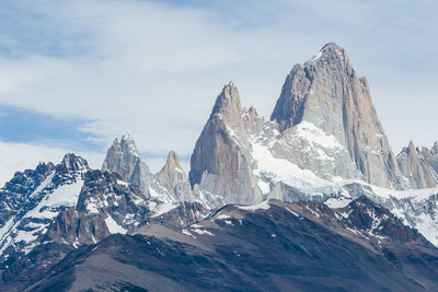 Scenic view of fitz roy mountains against sky during winter
