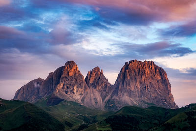 Scenic view of mountains against sky during sunset