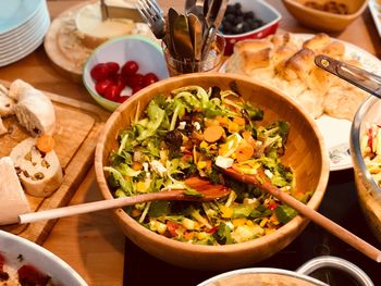 High angle view of food served on table