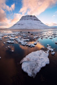 Scenic view of snowcapped mountain against sky during sunset