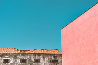 Low angle view of building against clear blue sky