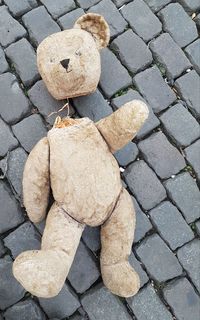 Directly above shot of torn teddy bear on footpath