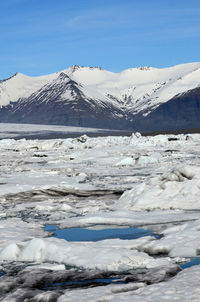 Stunning snow covered mountains in the summer months in iceland.