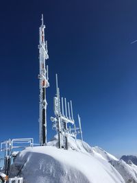 Low angle view of snow on mountain against sky