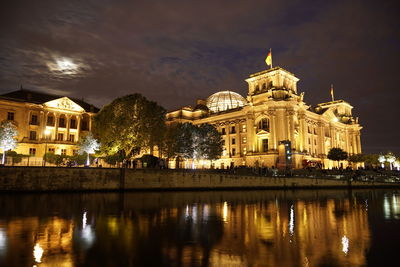 Reflection of illuminated buildings in water