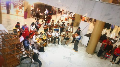 High angle view of people on table