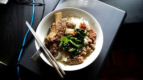 High angle view of meal served on table