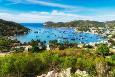 High angle view of bay against sky