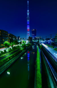 Illuminated buildings in city at night