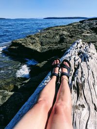 Low section of person on rock in sea against sky