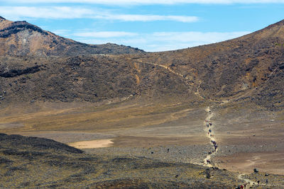 High angle view of people hiking on landscape