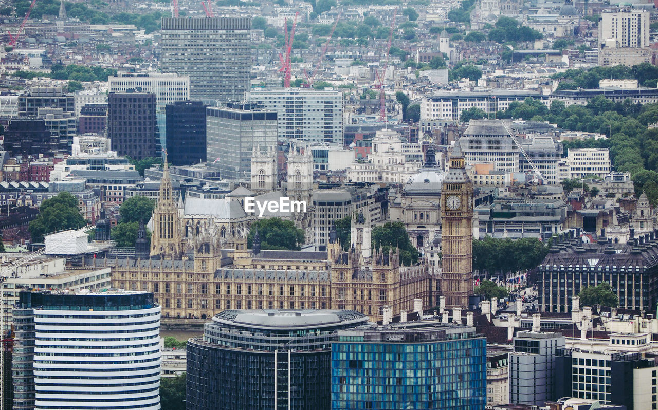 High angle view of buildings in city