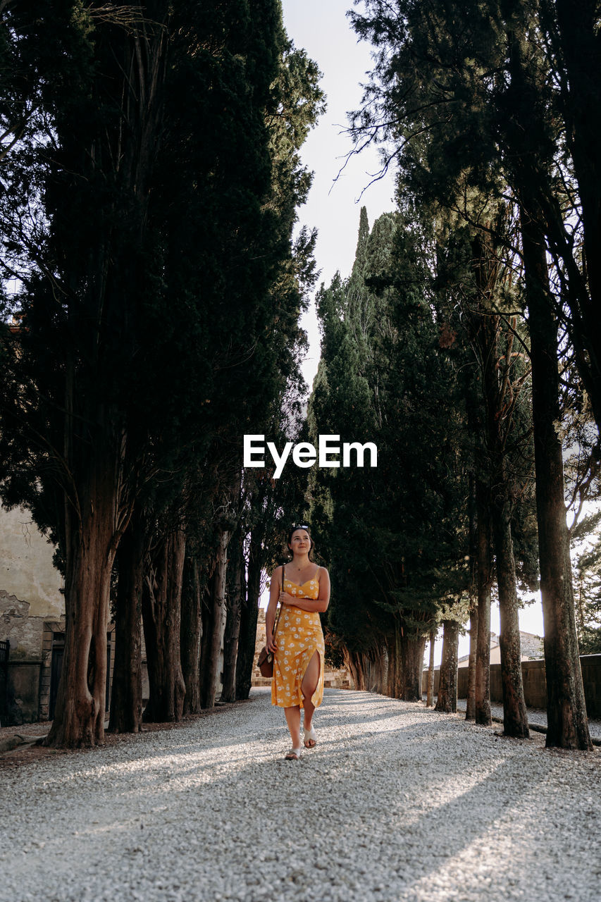 rear view of woman walking on road amidst trees