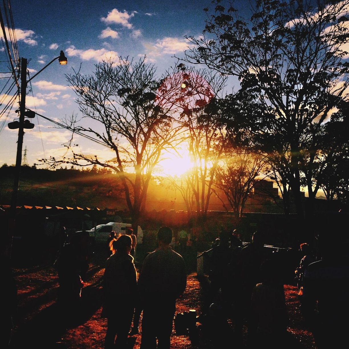 People standing on field in front of trees during sunset