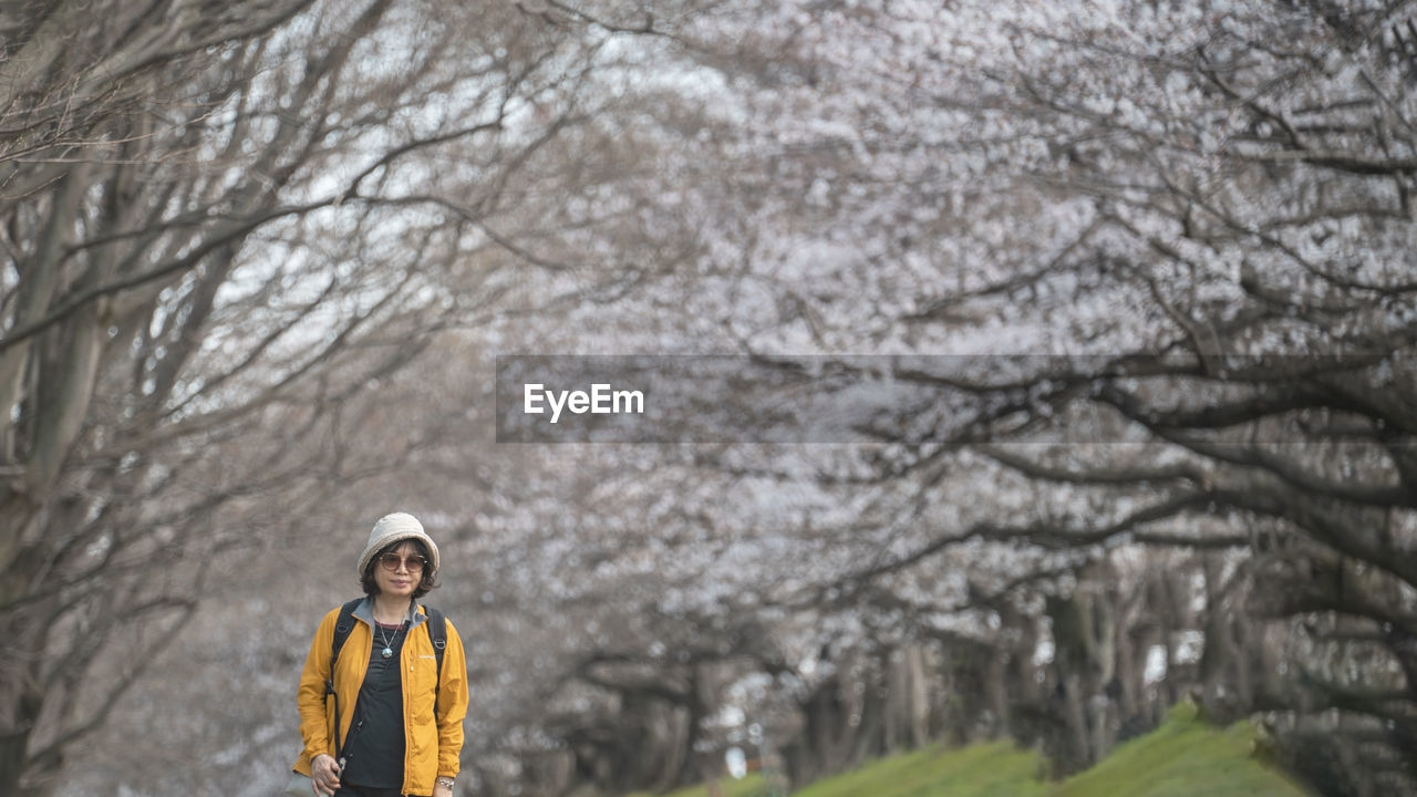 Portrait of young woman standing in cherry blossom park