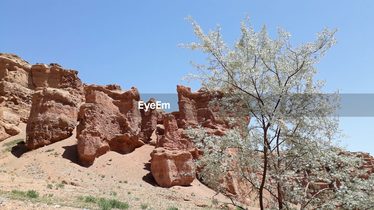 LOW ANGLE VIEW OF ROCK FORMATIONS AGAINST CLEAR SKY