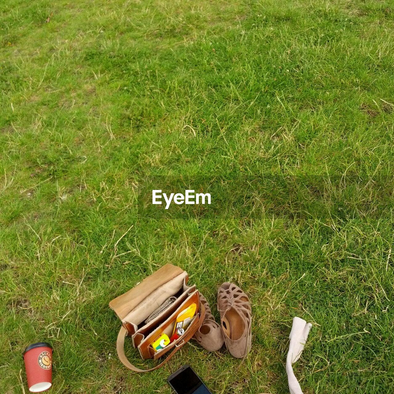 High angle view of shoe with bag on grassy field